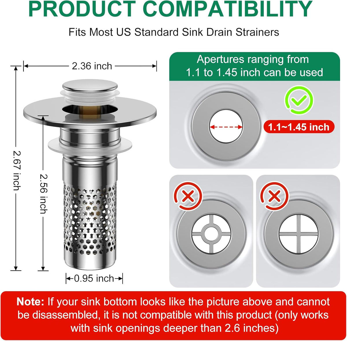 Bathroom Sink Stopper Hair Catcher, Pop-Up Sink Drain Strainer with Removable 304 Stainless Steel Strainer Basket Hair Catcher